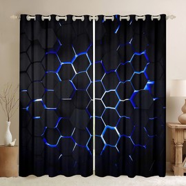 Honeycomb Curtains for Bedroom Geometric Hexagon Window Treatment Dark Blue Ultra Soft Decor Window Drapes Geometrical Window Draperies for Kids Adults W46*L54