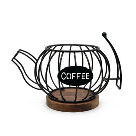 Coffee Pod Holder for Countertop, K Cup Storage Organizer with Wooden Base, Teapot-Shaped Metal Wire Basket, Compact Pods Container for Keurig and Nespresso, Kitchen Coffee Bar Decor Black