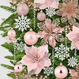 92pcs Set of Christmas Ball Ornaments, Crystal Hanging Snowflake Drop, Xmas Glitter Poinsettia Flowers, Artificial Stems for Christmas Tree Decoration Holiday Wedding Home Party Decor (Rose Golden)