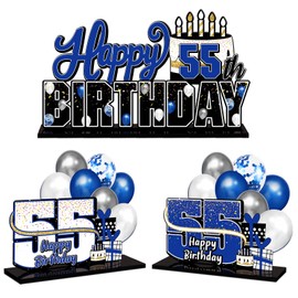 LINGTEER Happy 55th Birthday Blue Acrylic Table Topper Centerpieces Set - Cheers to 55 Years Old Birthday 55th Bday Party Gift Decorations.