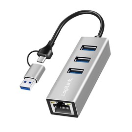 LogiLink UA0440 USB-C 3.2 Gen 1 Hub to 5G Ethernet RJ45 Adapter with Additional 3X USB-A