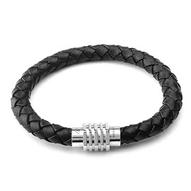 MENDOZZA Men's Genuine Leather Bracelet Stainless Steel Black Silver Magnetic Clasp, Leather