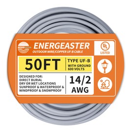 14/2 UF-B Wire 50FT Pure Copper Direct Burial Cable, Sunlight & Moisture Resistant, Ideal for Outdoor Lighting & Pump Installations & Residential Indoor Electrical Projects