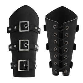 1 Pair Faux Leather Medieval Bracers Vintage Viking Arm Gauntlet Bracers Halloween Cosplay Costume Accessories (Black, M)
