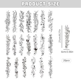 CharmeFleur 20 Blätter Schwarze Blumen Temporärtattoos für Frauen Mädchen Schmetterling Blüten Ranken Aufkleber Realistische Decals für Ärmel Arm Taille Hals Körperkunst Verzierungen