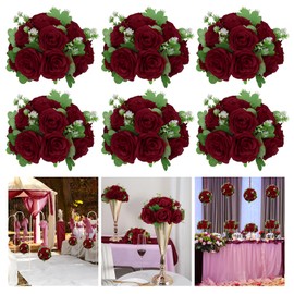 RIDDSEE Artificial Flower Ball,Wedding Table Centerpieces Decorations,10.6“ 6Pack Faux Maroon Silk Rose Floral Half Ball for Party Event Birthday Valentine's Day Table Arrangement and Home Décor