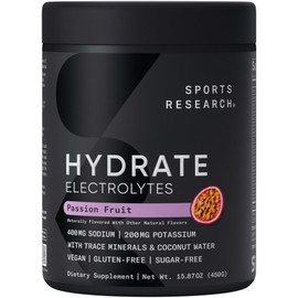 Sports Research Sports Research Hydrate Electrolytes Powder - Sugar-Free & Naturally Flavored with Vitamins, Minerals, and Coconut Water - Supports Hydration - Passion Fruit