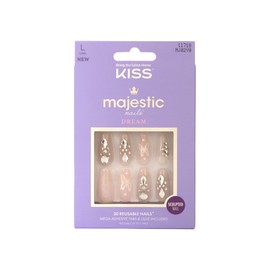 KISS Majestic, 30 Pcs Press On Nails, Medium Coffin Fake Nails, Pink Butterfly Glitter Design with Gems, Reusable Stick On Extensions Full Cover Kit with Glue, Adhesive Tabs, Manicure Stick & File