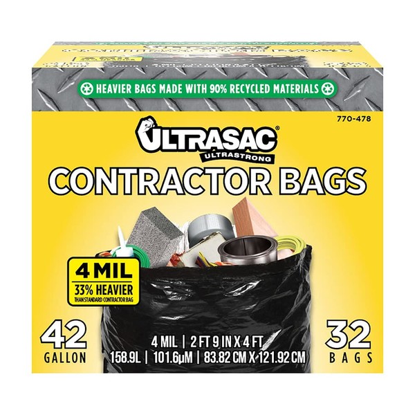 Ultrasac Extra Heavy Duty Contractor Bags - 42 gallons 4 Mil (32 Pack w/Ties) - 33" x 48" Extremely Thick and Tough Professional Trash Bag for Construction, Commerical, Industrial, Yard, Outdoor use