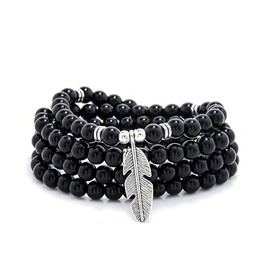 Feather Charm Zen Mala Beads Yoga Inspirational Necklace 108 Durable Self Discovery Mala Meditation Prayer Beads Wrap Bracelet (Black Agate)