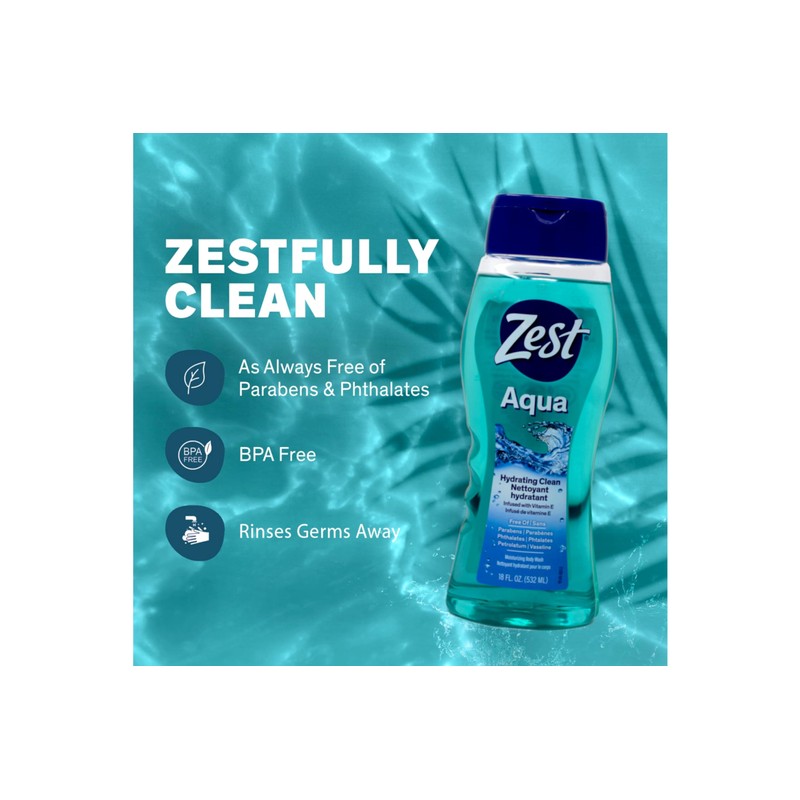 Zest Body Wash Aqua with Vitamin-E Hydrating 18 Ounce (Pack