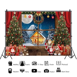ASDCXZ Christmas Backdrop 2.5x1.8m, Window Snow Scene Glitter Hut Christmas Tree Gift Photo Backdrop, Vinyl Family Celebration Party Wall Ornaments Photography Backdrop Banner