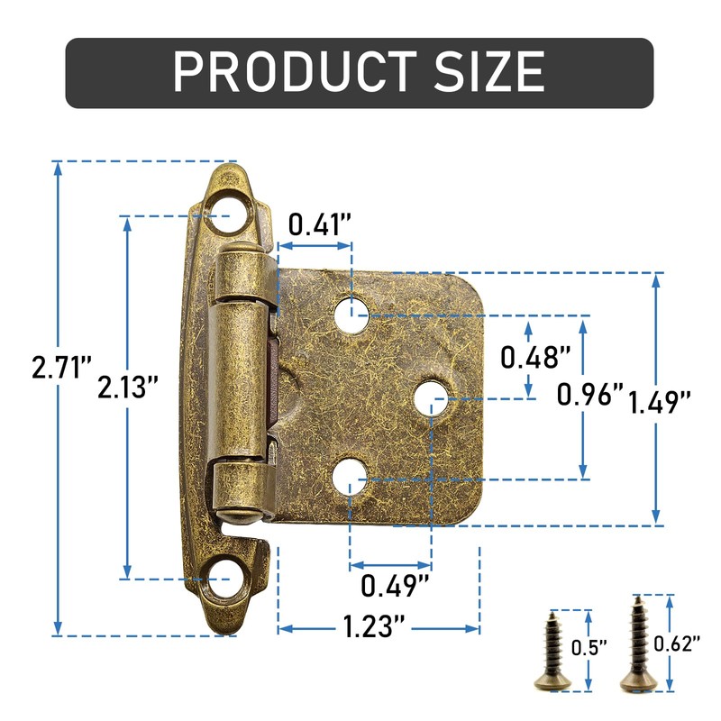1/2" Antique Brass Overlay Cabinet Hinges, 30 Pack (15 Pairs)