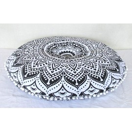 CRAFT KALA 32" in Round Mandala Floor Pillow Cushion Cover Seating Throw Cover Hippie Decorative Bohemian Ottoman Poufs Pillow Cover Cases Boho Cotton Living Yoga Home Décor Room (Grey Ombre)