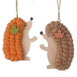 Heaven Sends Set of 2 Wooden and Wool Hedgehog Hanging Autumnal Decorations