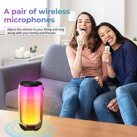 Karaoke Machine System/Portable Speaker/Music Player/Party Lighting, Karaoke Machine Equipped with 6 LED Light Modes Speaker and 2 TWS Microphones, Via Bluetooth, TF Card,and USB Connections for Party