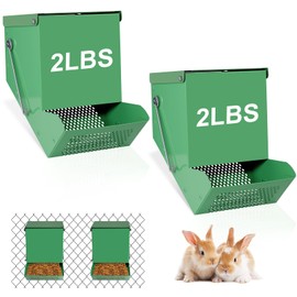 QZBBZTTZJ 2 Pack Metal Rabbit Feeder for Cages Outdoor Bunny Food Dispenser & Guinea Pig Food Bowl, Automatic Rabbit Hay Feeder for Rabbits, Guinea Pigs & Small Animals, 2 LBS, Green