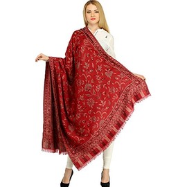 Exotic India Women Reversible Jamawar Wool Shawl Blanket Travel Scarf | Scarves for All Season Beautiful Stole Chunni for Wedding Festival | Size - 79.4 Inch X 42 Inch