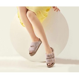 KuaiLu Women’s Fluff Slide Slipper Faux Fur Platform Slippers with Soft Cushion Arch Support Plantar Fasciitis Comfort Open Toe Womens Sliders, Beige Size 6