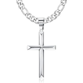 HAIAISO 925 Sterling Silver Cross Pendant Necklace with Stainless Steel Diamond-Cut Figaro Chain Delicate Highly Polished Beveled Edge Cross Pendant Necklace for Men Women 24 Inches
