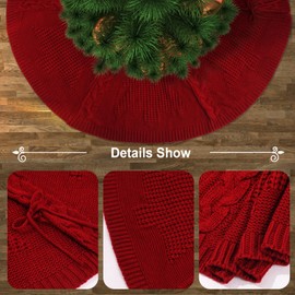 Knitted Christmas Tree Skirt,48 Inch Knit Christmas Tree Skirt Red Burgundy Tree Skirt Cable Knit Xmas Tree Skirt for Holiday Decoration
