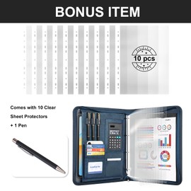 Leathario Portfolio Folder A4, Vegan Leather 4-Ring Conference Folder, Includes 10 Clear Sheet Protectors and a Pen, Multi-Pocket Travel Document Holder, Folder Organiser, Office Supplies