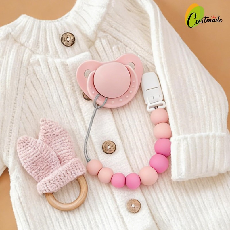 Silicona Porta Chupon para Bebe con Clip Sujeta Chupon (Rosa)