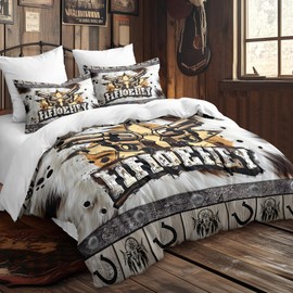 CCoutueChen Western Cowboy King Comforter Set,Bull Skull and Cow Fur Print Summer Comforter for Adult,3Pieces Rustic Ranch Hat Horseshoe Bedding Set with 2 Pillowcases,Grey