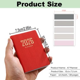 RuiChy Mini 2026 Pocket Diary, PU Texture Cover 128 Pages Daily Planner A7 Week to View Appointment Diary Agenda Weekly Planner Palm-sized Calendar Notebook with Morandi Sticky Tabs (Red)
