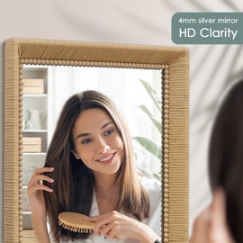 Besdomus Rattan Wall Mirror, 24x36 Inch Hand-Made Rustic Farmhouse Bamboo Wicker Mirror, Living Room Wood Frame Mirror Décor Wall Art Boho Mirrors for Wall Mounted