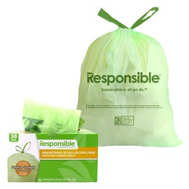 Responsible Products Kitchen Bin Liners, Certified Compostable, Heavy Duty Multipurpose Food Scrap Bags, Made from Compostable Materials (30 Gallon Drawstring, 30 Gallon (42 Count))