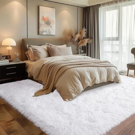 Dssimo Super Fluffy Area Rug for Bedroom, Modern Shag White Area Rugs, Soft Plush Small Carpet for Kids,Girls Boys and Teens Decorations for Living Room Dorm Nursery Classroom, 4x6 Feet