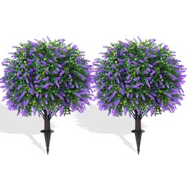 Grooy Artificial Boxwood Topiary Ball with Lavender, Set of 2 Artificial Shrub Bushes with Ground Spike, Fake Evergreen Tree for Porch, Artificial Plants for Outdoor Planters Indoor UV Resistant