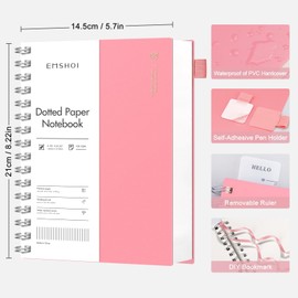 EMSHOI Notebook A5 Dotted Bullet Dot Journal Spiral Notebooks 300 Pages/150 Sheets 100gsm Dot Grid Paper PVC Hard Cover for Women Men Office School Writing 14.5 x 21 cm - Pink