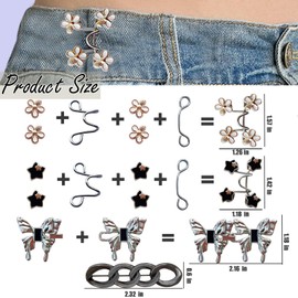 TEJSP 8 PCS Pant Waist Tightener, Adjustable Reusable Pant Clips Waist Tightener Black and Silvery Buttons Pins for Loose Jeans Women(Star Flower Butterfly)