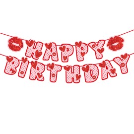 Happy Birthday Banner, Red and White Polka Dot Design with Hearts and Kisses, Party Decoration