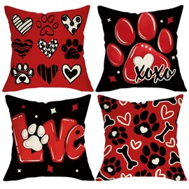Fjfz Valentines Day Dog Paw Print Decorative Throw Pillow Covers 20 x 20 Set of 4, Red Black Love Heart Bone Porch Outdoor Home Decor, Anniversary Wedding Couch Cushion Case Pet Lover Gifts