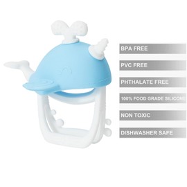 PandaEar Silicone Baby Teething Toys, Baby Teether Mitten & Chew Toys for 0-6 6-12 Months, Anti Dropping Wrist Hand, BPA Free(Whale Blue)
