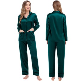 SWOMOG Family Matching pyjamas Sets Silk Pjs Set with 2 Pockets Long Sleeve Button Down Sleepwear Loungewear Deep Green-110