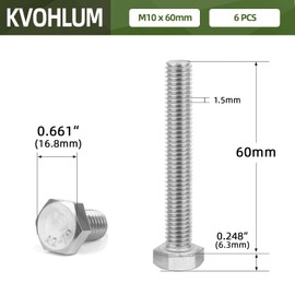 6 PCS M10 x 60mm Hex Head Screw Bolt, External Hex Drive Machine Screw Bolts, Fully Threaded, Stainless Steel 18-8, Plain Finish