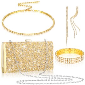 Kigeli 4 Pieces Women Rhinestone Evening Clutch Bag Rhinestone Ear Clip Bridal Wedding Choker Bracelet Dangle Bling Glitter Purse, Gold