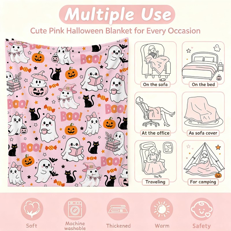 Halloween Pink Ghost Blanket Throw, Pumpkin Black Cat Throw Decor