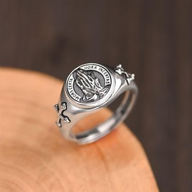 KONFEN Praying Hands Rings Men, Adjustable Carved Viking Rings for Men Hypoallergenic Material, Cross Vintage Hip Pop Open Rings Thumb Ring Gothic Punk Classic Unique Texture Mens Jewellery, Silver