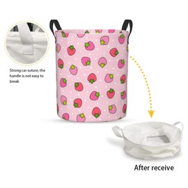 Dujiea Pink Strawberry Laundry Basket Round with Handle, Collapsible Foldable Canvas Storage Bin Dirty Clothes Bag for Laundry/Toys Organizer/College Dorm/Nursery/Decor(2 Sizes)