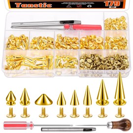 Tanstic 176 Sets Punk Spikes and Studs Kit, 8 Sizes Cone Spikes Screwback Studs Metal Tree Spikes for Leather Punk Style Clothing Accessories (Gold)
