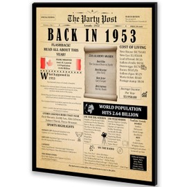 72nd Birthday Decorations - Anniversary Banner for Men or Women. Party Table Decor Poster. Back In 1953 Happy Bday 8x10 Sign Born 72 Years Ago Vintage Newspaper Card Turning 72 Years Old with Stand