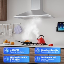 Borrallio Range Hood 30 inch, Wall Mount Range Hood with Ducted/Ductless Convertible Duct, Stainless Steel Stove Vent Hood with Aluminum Filters, 3 Speed Exhaust Fan, LED Light, Push Button Control