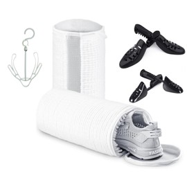 Shoe Bag for Washing Machine, Scrubbers help clean all around, 2 Pairs of Adjustable Anti-Deforming Shoe Trees, Quality Zipper Reusable Shoe Laundry Bag for Sneakers + Shoe drying hanger