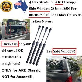 AONNOUS 4PCS Gas Struts for ARB Canopy Side Window;Replace OE 007115 6603030;285mm 85Newtons;Quarter Panel Window Glass Springs Support Pick Up UTE inc Hilux