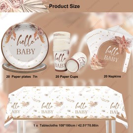 Doyomtoy Boho Baby Shower Party Tableware, 61-Piece Baby Shower Paper Tableware Set - Paper Plates, Paper Towels, Paper Cups for Baby Shower Party Decoration, Boy Girl Party Accessory Set (20 Guests)